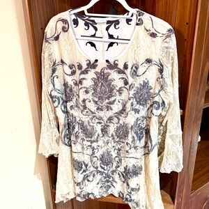 Boston Proper Cream Lace Top with Black Scroll Print